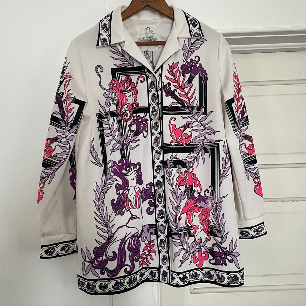Vintage 1970s 70s Polyester Button Down Shirt Floral Abstract Women Print